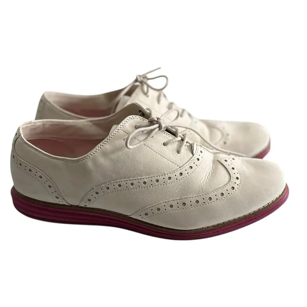 Cole Haan ZeroGrand Oxford Shoes Women 10 White Suede Pink Sole Lace Up Wingtip - Picture 4 of 12